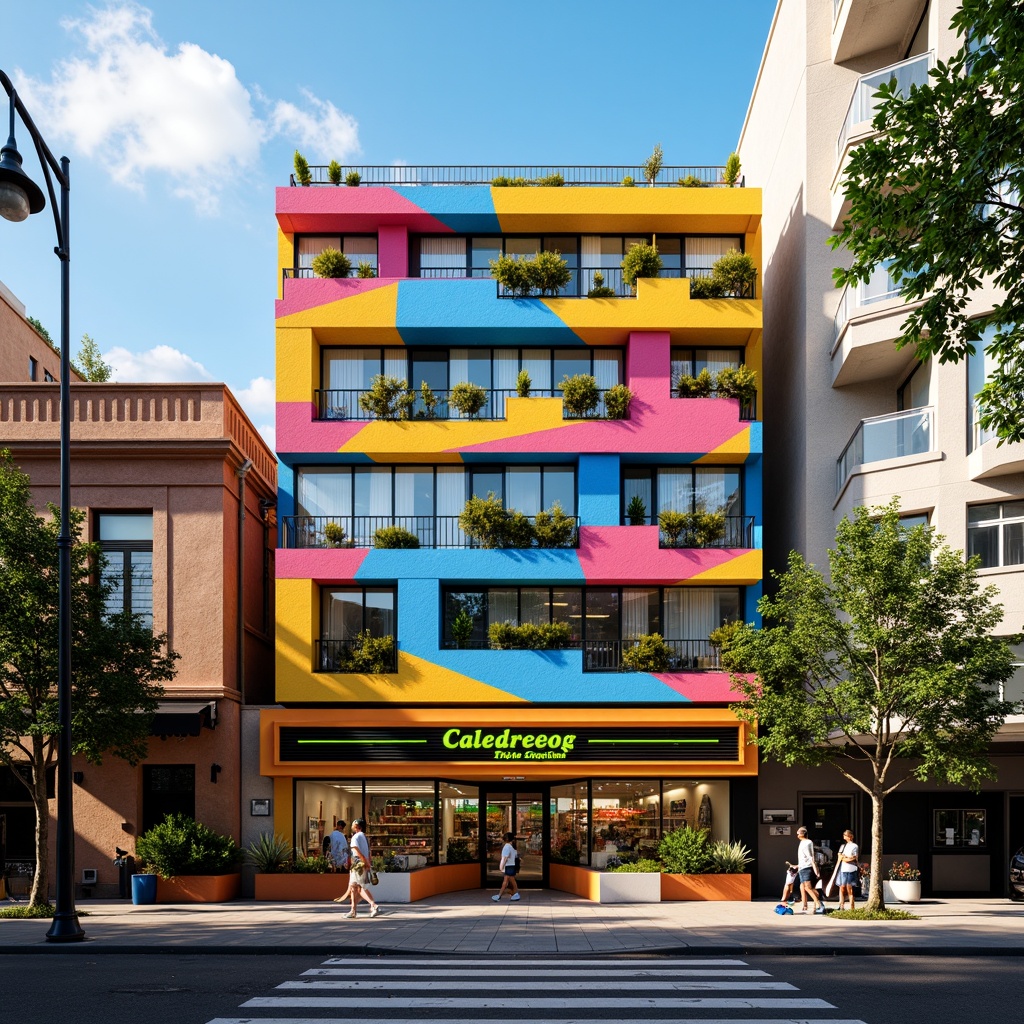 Prompt: Vibrant grocery store facade, abstract expressionist architecture, bold geometric shapes, bright primary colors, dynamic angular lines, irregular patterns, distorted forms, playful typography, neon signage, LED lights, urban cityscape, bustling streets, morning sunlight, shallow depth of field, 1/1 composition, realistic textures, ambient occlusion.