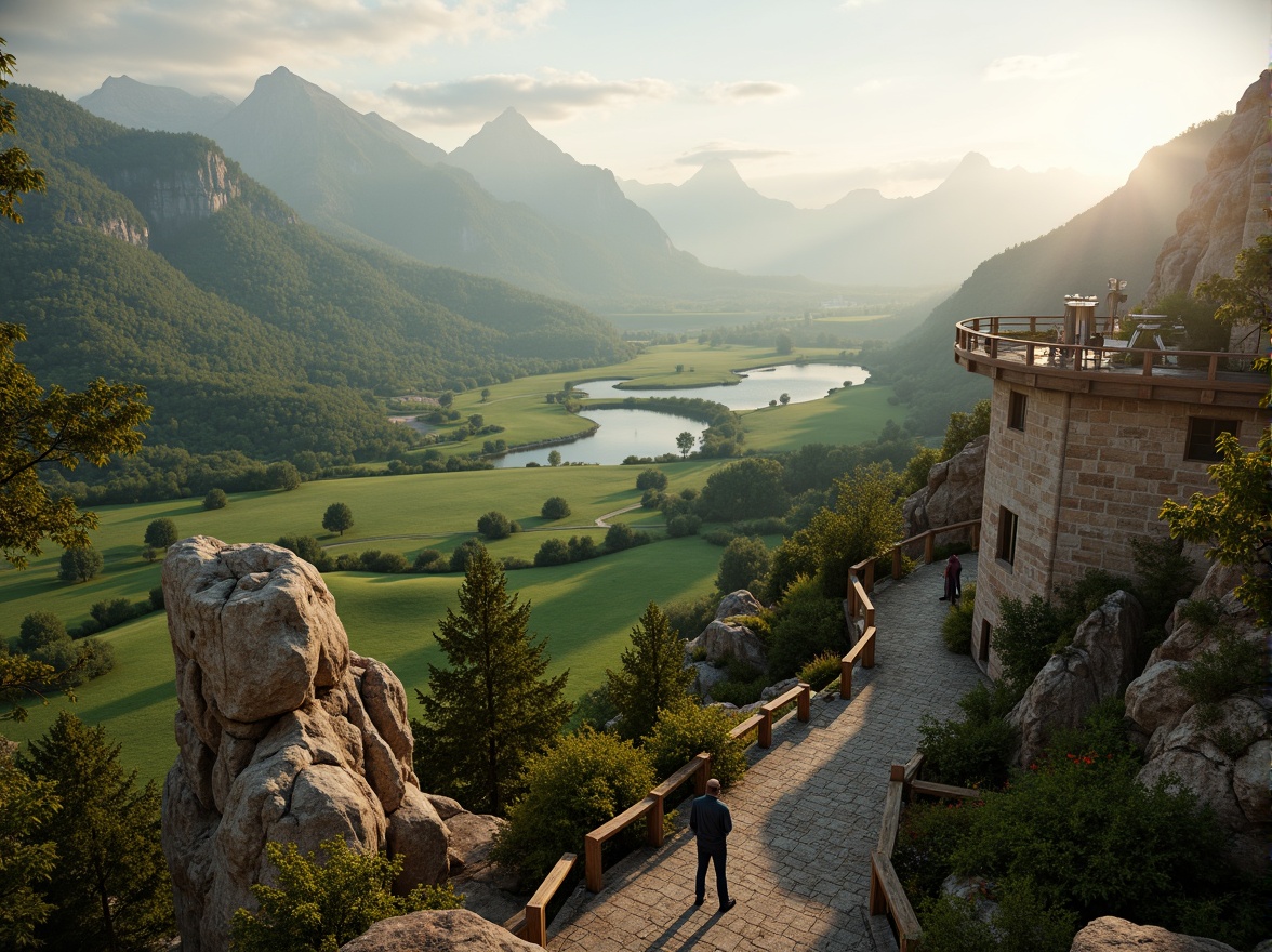 Prompt: Watchtower overlooking vast rolling hills, lush green meadows, serene lakeside scenery, misty mountains, rugged rock formations, winding stone pathways, rustic wooden bridges, observation decks, telescopes, binoculars, weathered wooden accents, natural stone walls, earthy tones, warm golden lighting, soft focus blur, atmospheric perspective, 2/3 composition, cinematic view, realistic foliage, subtle ambient occlusion.