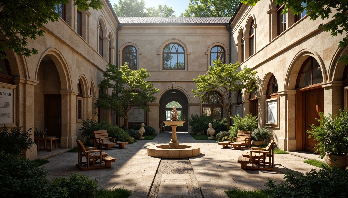 Prompt: Serene monastery courtyard, warm natural light, rustic stone walls, Gothic arches, stained glass windows, wooden benches, tranquil water features, lush greenery, spiritual sculptures, ornate ironwork, educational signage, historic architecture, subtle color palette, soft shadows, shallow depth of field, 3/4 composition, panoramic view, realistic textures, ambient occlusion.