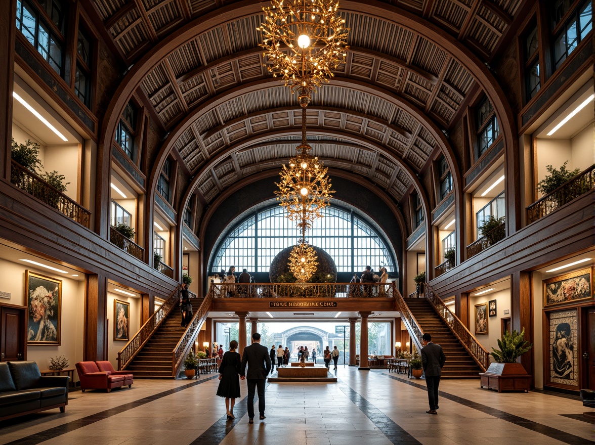 Prompt: Grandiose train station, ornate metalwork, geometric patterns, luxurious chandeliers, polished marble floors, curved lines, zigzag motifs, symmetrical compositions, metallic accents, vibrant colors, lavish furnishings, intricate mosaics, grand staircases, sweeping arches, dramatic lighting, shallow depth of field, 1/2 composition, high-angle shot, realistic textures, ambient occlusion.