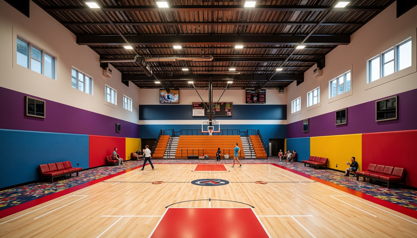 Prompt: Vibrant gymnasium interior, dynamic sports flooring, bold color schemes, athletic equipment, basketball hoops, tennis courts, running tracks, soft padded walls, acoustic panels, modern LED lighting, suspended ceilings, flexible seating arrangements, durable upholstery materials, textured wall finishes, geometric patterned carpets, energetic atmosphere, high-contrast color blocking, 2/3 composition, shallow depth of field, realistic textures, ambient occlusion.