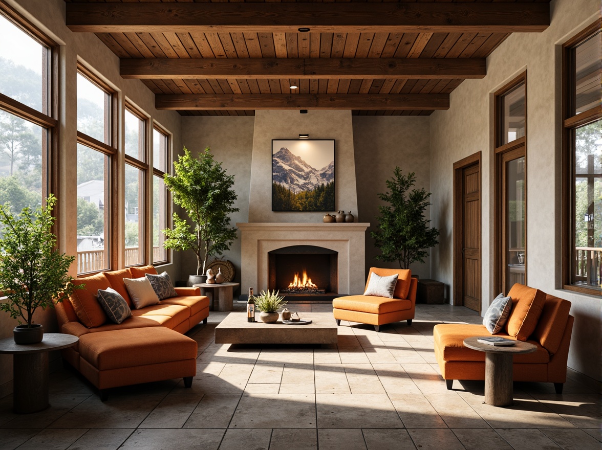 Prompt: Rustic student halls, earthy tones, warm beige walls, wooden accents, natural stone floors, cozy fireplaces, plush furnishings, vibrant greenery, mountain-inspired artwork, modern amenities, snowy winter scenes, misty morning light, soft focus, 1/2 composition, intimate atmosphere, realistic textures, ambient occlusion.