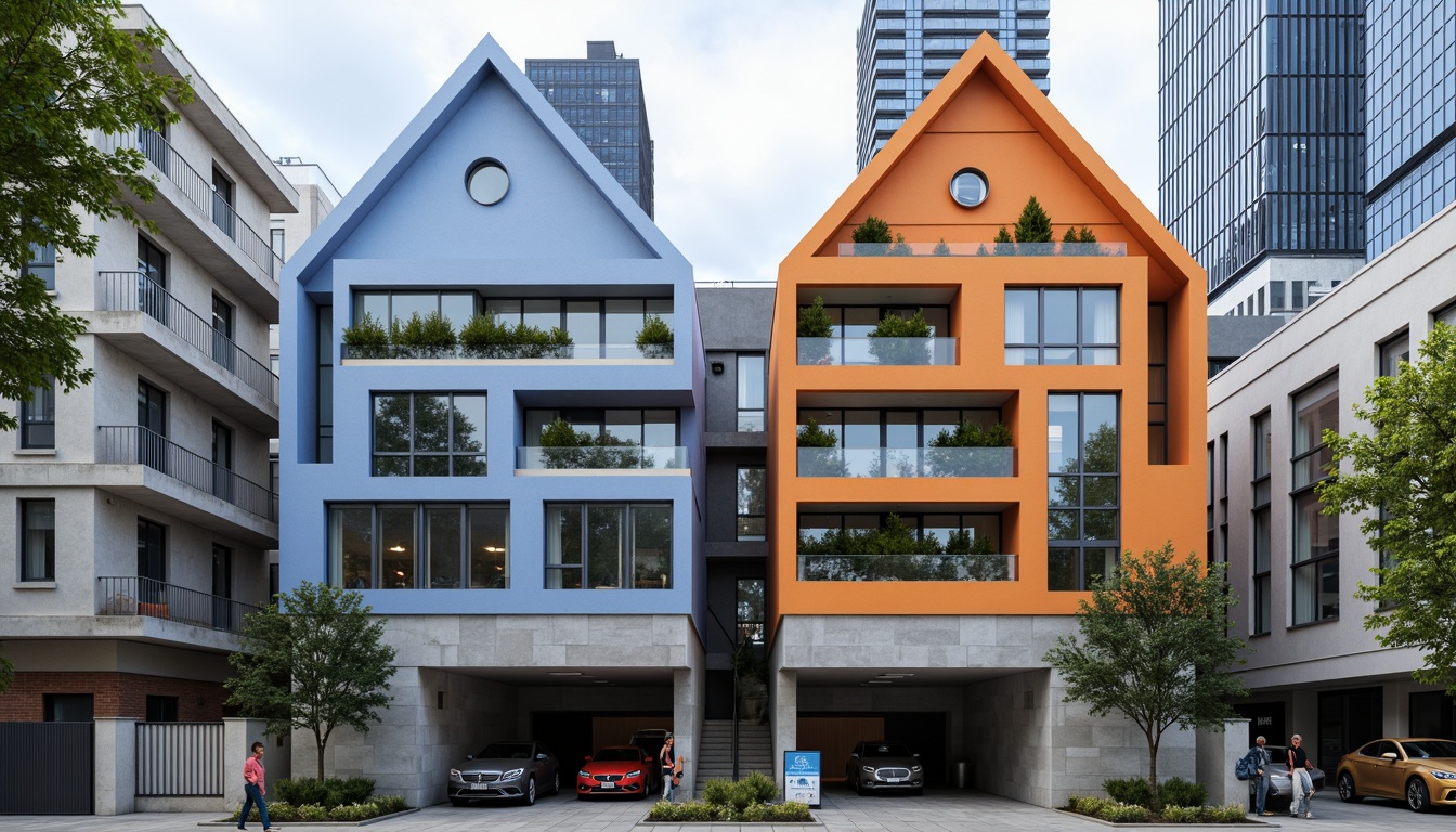 Prompt: Geometric housing structures, angular rooflines, triangular facades, rectangular windows, cantilevered balconies, minimalist design, industrial materials, exposed ductwork, concrete foundations, steel beams, urban cityscape, modern skyscrapers, vibrant color accents, bold geometric patterns, futuristic aesthetics, 1/1 composition, high contrast lighting, dramatic shadows, cinematic rendering.