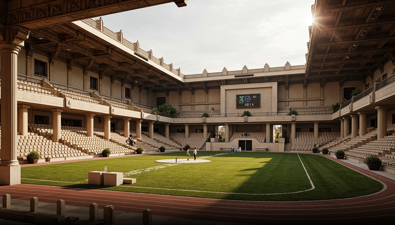 Prompt: Grandstand seating, ornate colonnade, archaic stone walls, classic pilasters, vaulted ceilings, intricate carvings, athletic track, lush green grass, Olympic torches, vintage scoreboard, retro-style signage, majestic entrance gates, Doric columns, rusticated bases, triumphal arches, warm golden lighting, soft focus effect, 1/1 composition, symmetrical view, realistic textures, ambient occlusion.