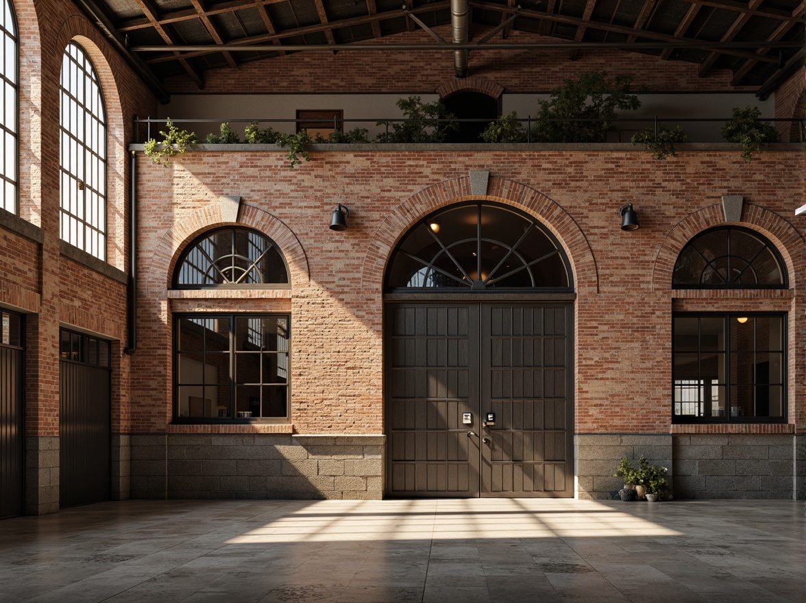 Prompt: Rustic warehouse facade, distressed brick walls, industrial steel beams, classic arched windows, ornate metal doorways, vintage signage, exposed ductwork, polished concrete floors, reclaimed wood accents, earthy color palette, natural stone foundations, subtle texture overlay, warm ambient lighting, soft focus, 1/2 composition, atmospheric perspective, realistic weathering effects.