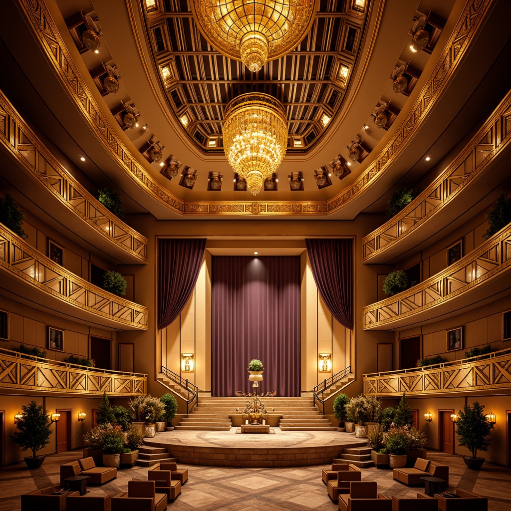 Prompt: Opulent art deco concert house, ornate golden details, geometric patterns, luxurious velvet curtains, grand chandeliers, intricate moldings, curved staircases, sunburst motifs, chevron designs, zigzag patterns, lavish marble floors, richly textured walls, dramatic lighting effects, warm golden illumination, shallow depth of field, 1/1 composition, symmetrical framing, ornate balconies, decorative railings, glamorous stage settings, vintage microphones, antique musical instruments.