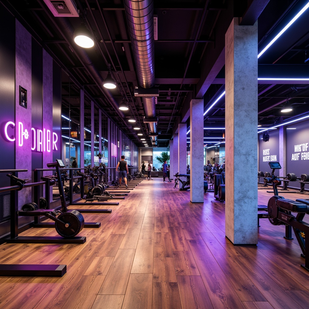 Prompt: Modern fitness club interior, contrasting materials, sleek metal equipment, wooden flooring, mirrored walls, industrial-style concrete columns, vibrant neon lighting, energetic color scheme, dynamic workout spaces, suspended ceilings, acoustic panels, minimalist decor, motivational quotes, natural stone accents, polished chrome fixtures, textured glass partitions, urban-chic atmosphere, 3/4 composition, shallow depth of field, realistic textures, ambient occlusion.