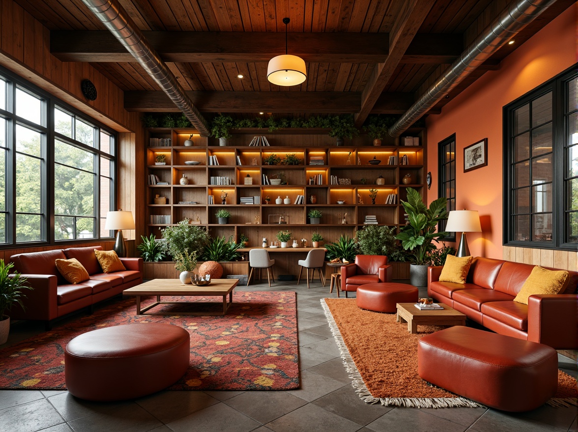 Prompt: Vibrant hostel common area, eclectic furniture arrangement, bold accent walls, warm wooden tones, rich textures, industrial metal accents, cozy reading nooks, plush throw pillows, natural stone flooring, reclaimed wood features, earthy color scheme, soft golden lighting, intimate atmosphere, 1/2 composition, dramatic shadows, realistic materials, ambient occlusion.