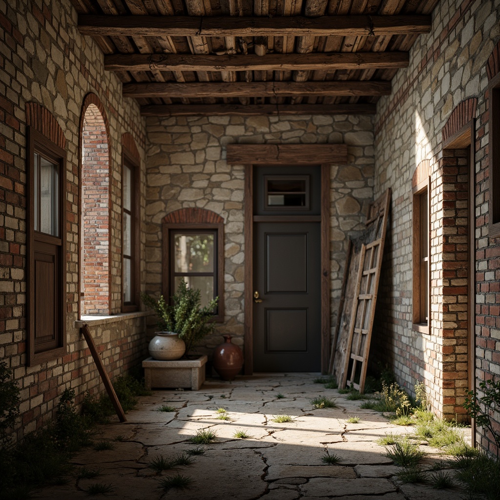 Prompt: Weathered stone walls, rough-hewn wooden planks, distressed metal sheets, rugged brick facades, organic natural forms, earthy color palette, tactile materiality, immersive atmospheric lighting, cinematic shallow focus, 3/4 composition, realistic normal maps, ambient occlusion, subtle specular highlights.