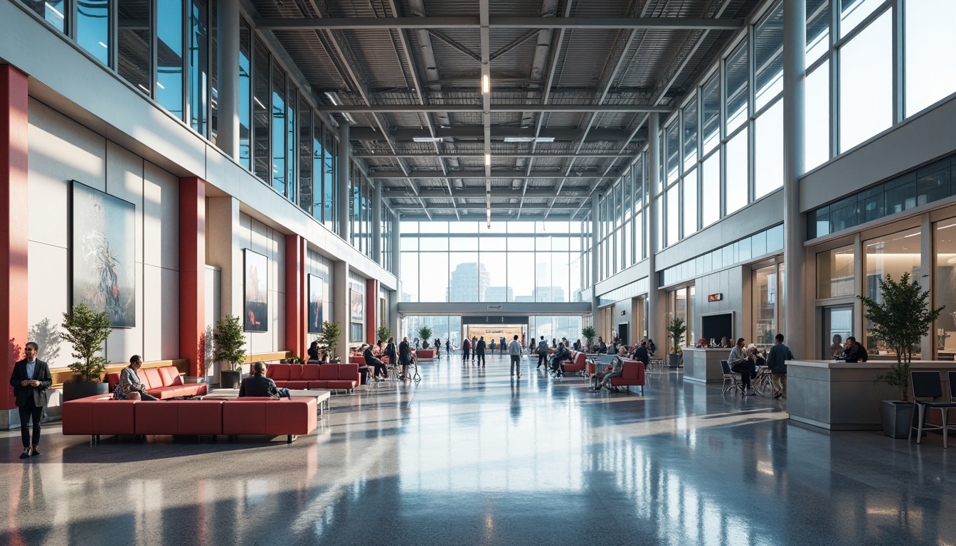 Prompt: Minimalist airport terminal, sleek metal frames, industrial-style lighting, polished concrete floors, functional furniture, geometric-shaped waiting areas, bold color accents, transparent glass walls, open ceiling structures, futuristic check-in counters, modern luggage conveyors, airy high ceilings, natural light pouring in, abstract artwork displays, stainless steel columns, simple typography signage, minimal ornamentation, functional simplicity, 3/4 composition, realistic textures, ambient occlusion.