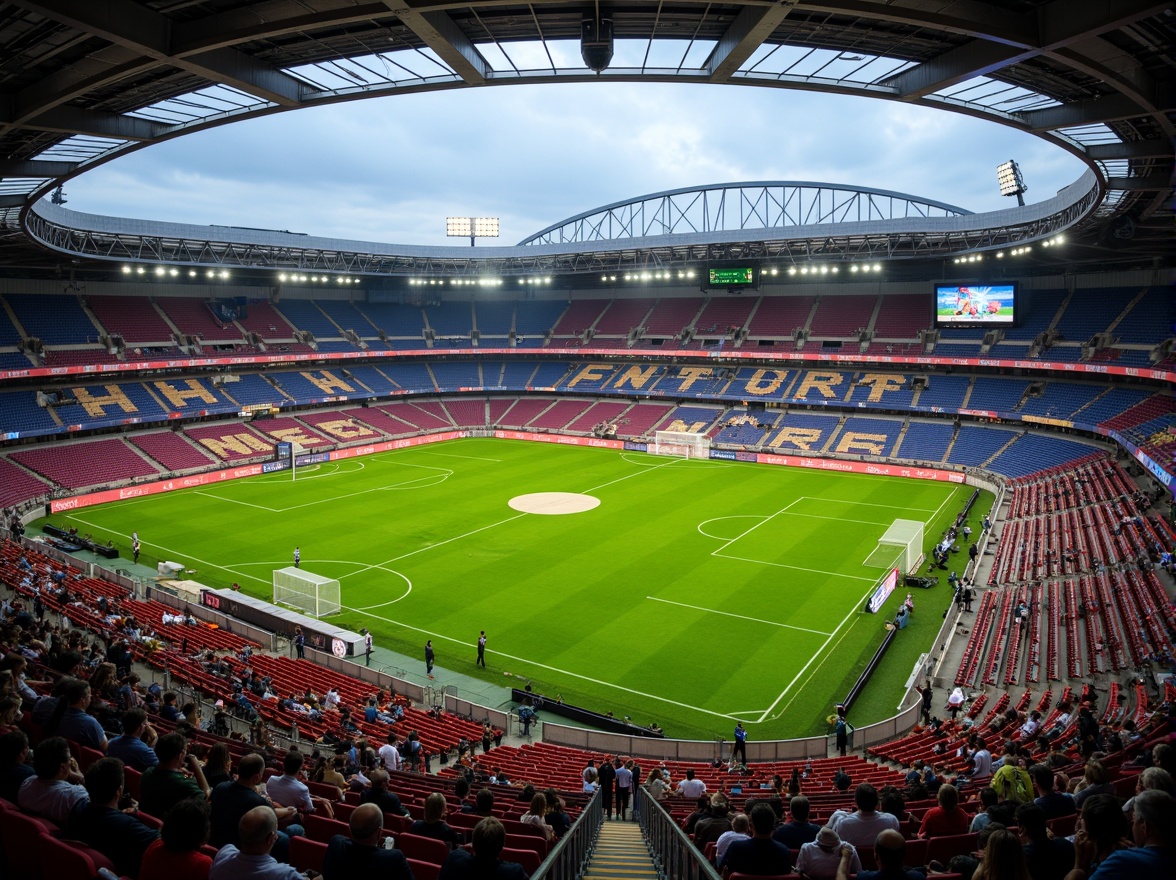 Prompt: Modern soccer stadium, circular seating arrangement, lush green grass, vibrant team colors, goalposts, referee equipment, spectator stands, VIP boxes, concession stalls, electronic scoreboards, floodlights, evening atmosphere, warm soft lighting, shallow depth of field, 3/4 composition, panoramic view, realistic textures, ambient occlusion.