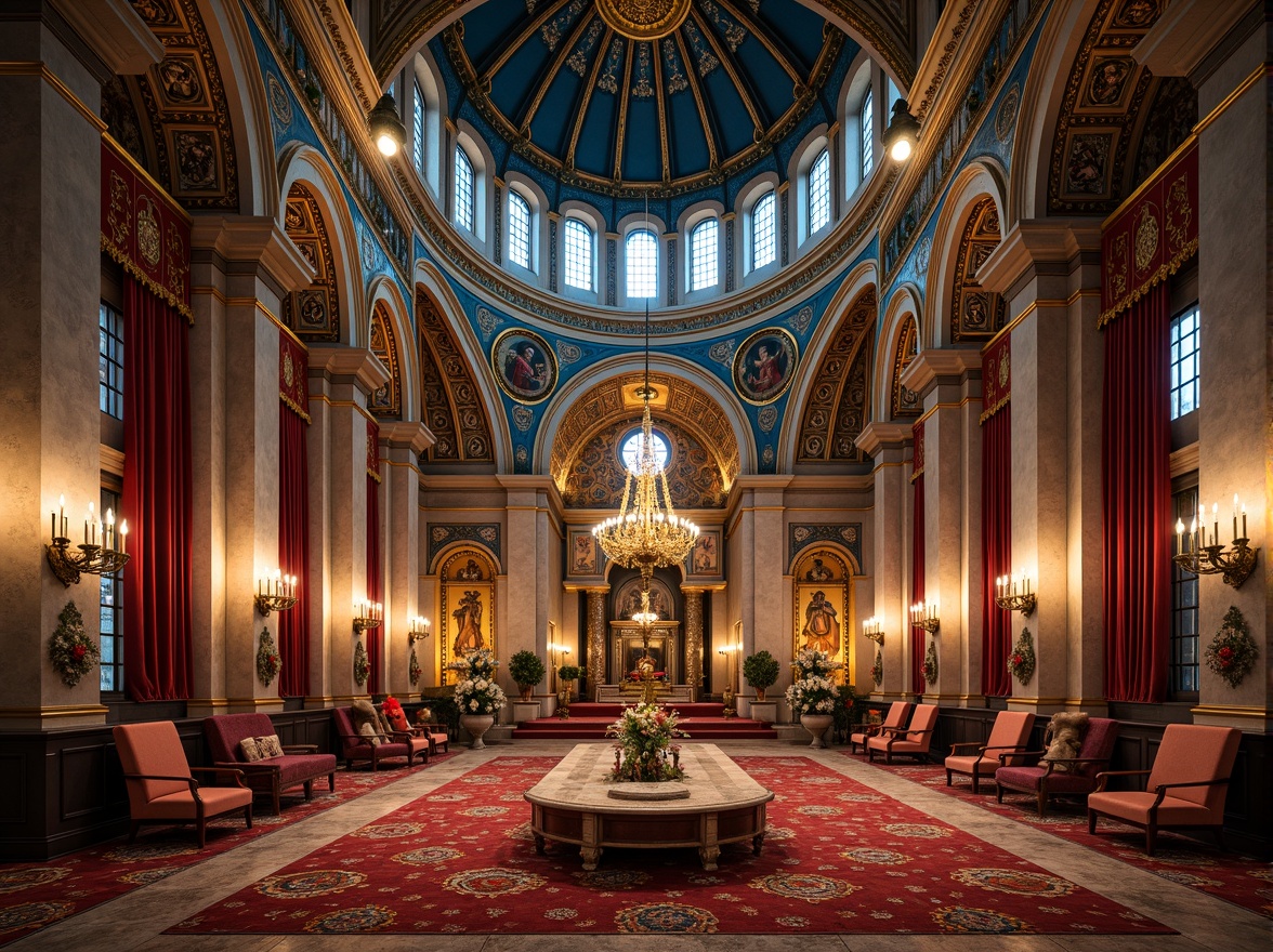 Prompt: Byzantine-style church, azure domes, golden accents, intricate mosaics, ornate columns, luxurious velvet drapes, richly patterned rugs, lavish chandeliers, grandiose archways, regal throne-like seating, resplendent stained glass windows, warm candlelight, soft focus, atmospheric perspective, 1/1 composition, symmetrical framing, warm color grading, subtle texture overlays.