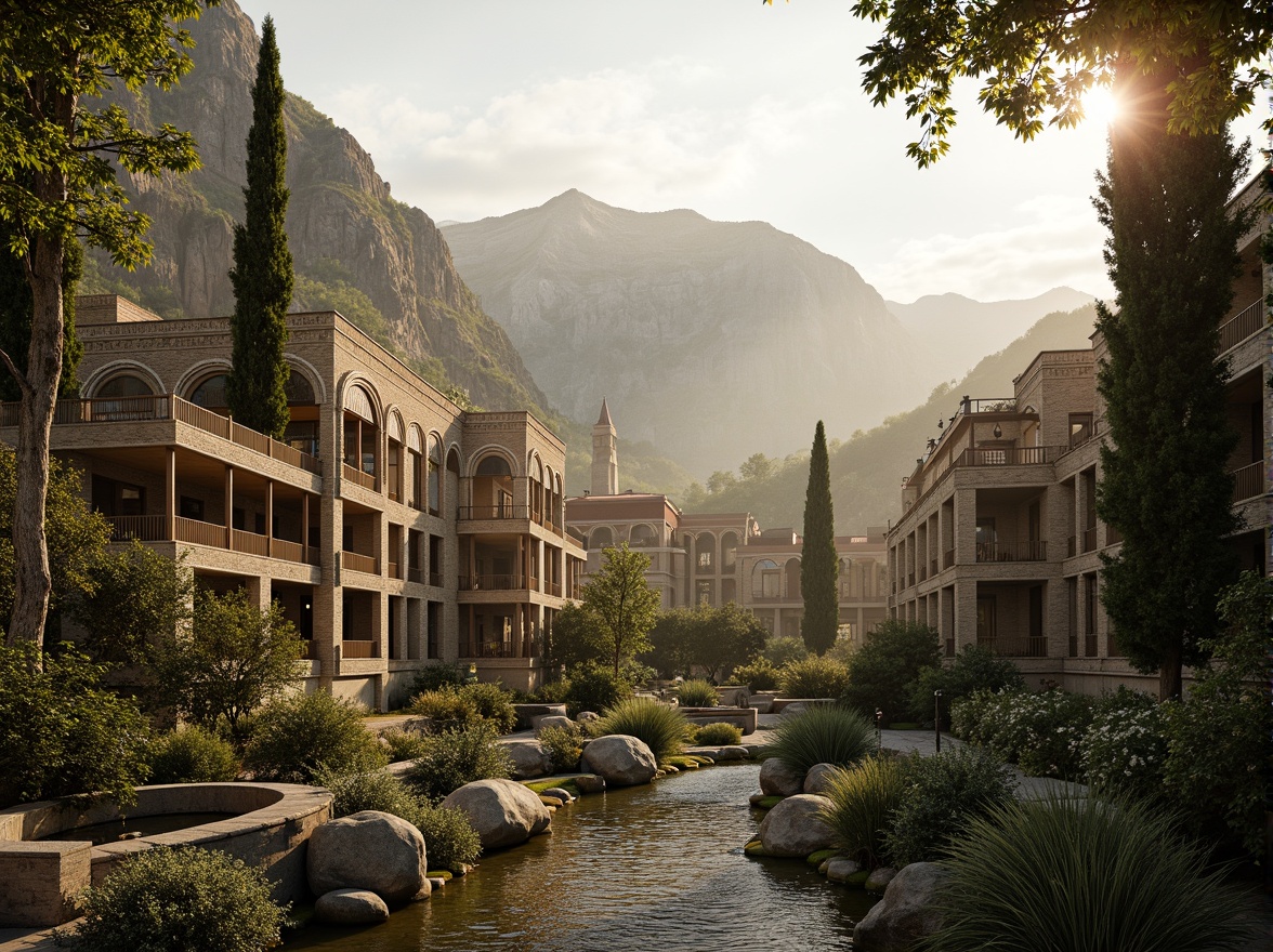 Prompt: Majestic mountainous backdrop, Byzantine-inspired architecture, grand stone buildings, ornate arches, intricate mosaics, lush greenery, towering trees, winding stone pathways, tranquil water features, serene ponds, rustic wooden bridges, natural rock formations, dramatic elevation changes, misty atmospheric effects, warm golden lighting, shallow depth of field, 1/2 composition, realistic textures, ambient occlusion.