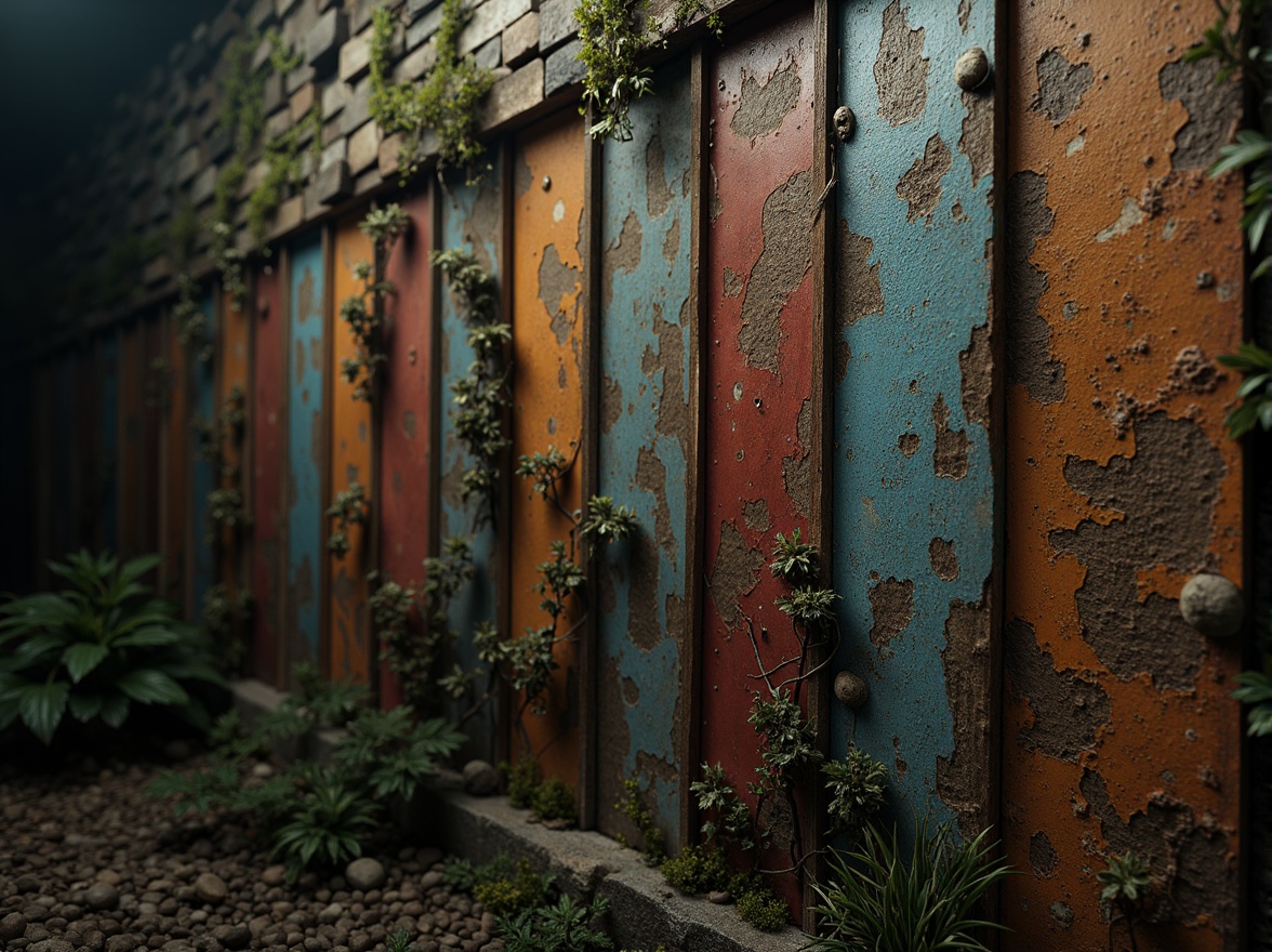 Prompt: Rough stone walls, rustic wooden planks, distressed metal panels, organic natural forms, earthy color palette, tactile sensations, 3D modeling, high-resolution textures, ambient occlusion, realistic shading, dramatic lighting effects, atmospheric mist, mysterious ambiance, cinematic composition, shallow depth of field, artistic close-ups, detailed foregrounds.