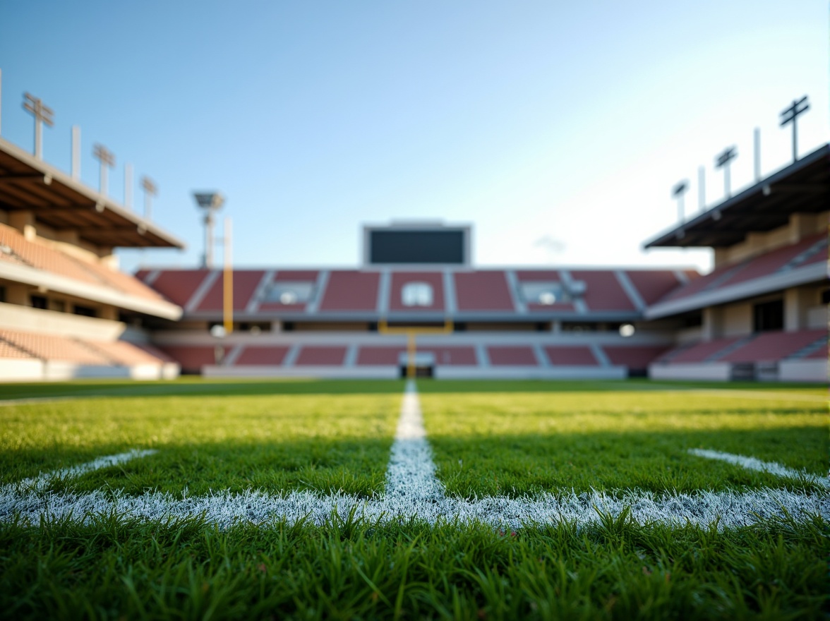 Prompt: Natural grass, artificial turf, rubberized tracks, athletic field markings, goalposts, bleachers, stadium seating, scoreboard displays, sunny day, clear blue sky, soft warm lighting, shallow depth of field, 3/4 composition, panoramic view, realistic textures, ambient occlusion.