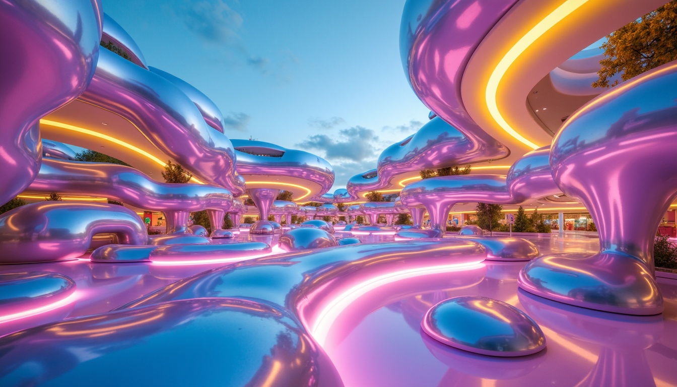 Prompt: Vibrant blob-like structures, iridescent hues, shimmering metallic surfaces, luminous neon lights, glowing accents, futuristic architecture, curved lines, fluid shapes, organic forms, surreal landscapes, dreamy atmosphere, soft misty lighting, 1/1 composition, macro photography, high-contrast colors, electric blue, hot pink, sunshine yellow, lime green, pastel gradients, abstract textures, stylized reflections.