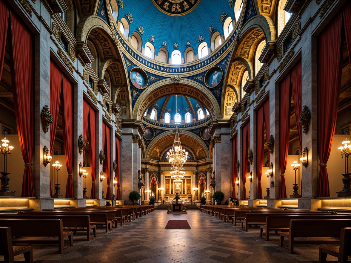 Prompt: Majestic Byzantine church, azure domes, golden accents, intricate mosaics, ornate stone carvings, regal archways, lavish frescoes, vibrant apse murals, rich velvet drapes, gleaming metal lanterns, polished marble floors, atmospheric soft lighting, dramatic high ceilings, symmetrical composition, warm color harmony, luxurious textures, opulent details, mystical ambiance.