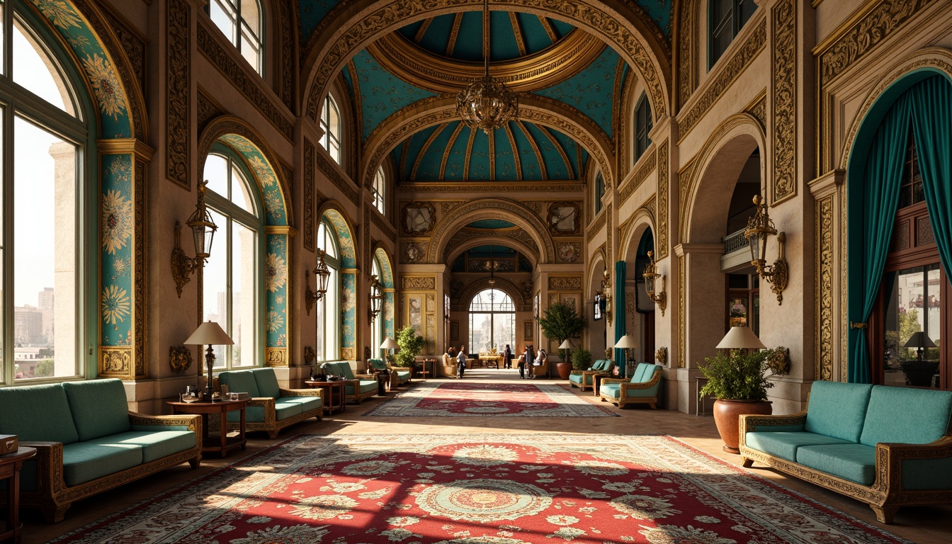 Prompt: Byzantine-inspired architecture, ornate gold accents, intricate mosaics, azure domes, grand archways, majestic columns, lavish furnishings, opulent textiles, richly patterned rugs, vibrant turquoise hues, warm golden lighting, dramatic shadows, 3/4 composition, symmetrical framing, realistic reflections, ambient occlusion.