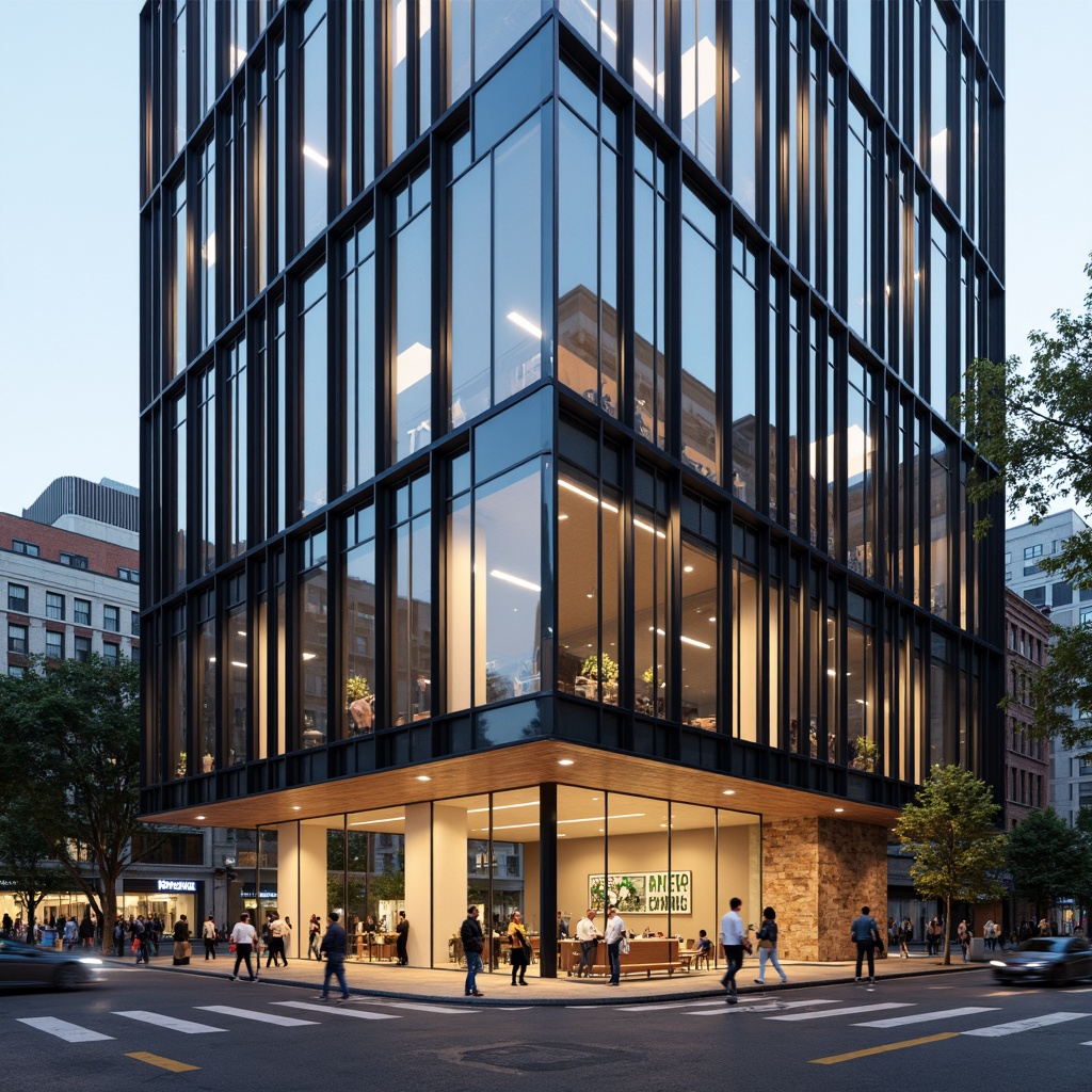 Prompt: Modern bank building, sleek glass facade, minimalist metal frames, neutral color palette, geometric patterns, subtle branding elements, urban cityscape, busy streets, pedestrian traffic, natural stone walls, wooden accents, sophisticated lighting design, warm ambient glow, shallow depth of field, 3/4 composition, realistic textures, ambient occlusion.