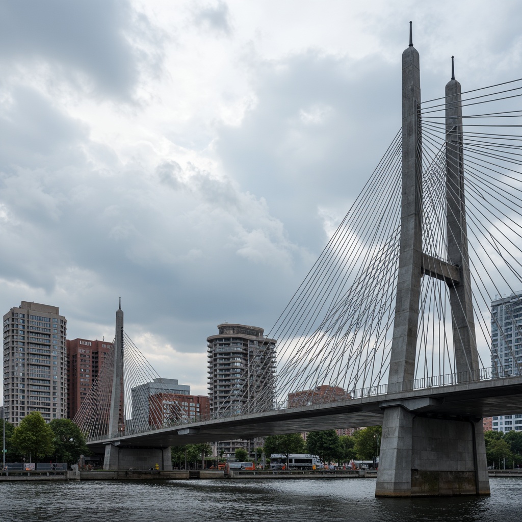 Prompt: High-performance bridge structure, polyethylene materials, durable and resistant, high-strength fibers, corrosion-resistant coatings, reinforced composite systems, cable-stayed suspension, sleek modern architecture, steel grey color, glossy finish, urban cityscape, cloudy day, soft diffused lighting, shallow depth of field, 2/3 composition, symmetrical view, realistic textures, ambient occlusion.