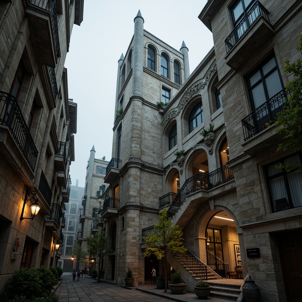 Prompt: Weathered stone facade, asymmetrical towers, intricate stonework patterns, Gothic-inspired arches, dramatic verticality, ornate metal details, rusted copper accents, mystical lanterns, winding staircases, grandeur atmosphere, misty morning lighting, soft focus effect, atmospheric perspective, 1/2 composition, cinematic view, high-contrast textures, ambient occlusion.