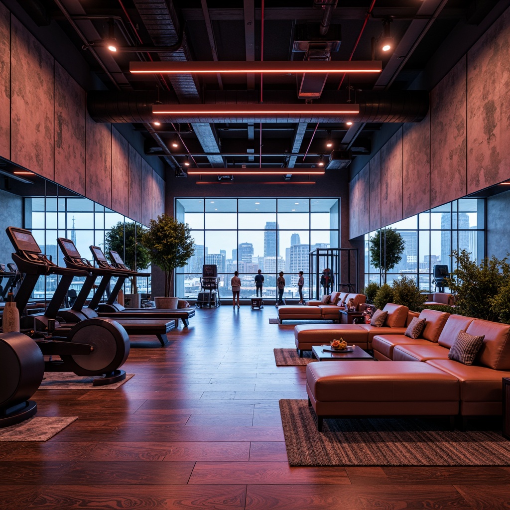 Prompt: Luxurious fitness club, polished wood floors, sleek metal equipment, soft leather upholstery, rough concrete walls, natural stone accents, vibrant neon lighting, modern industrial architecture, expansive open spaces, panoramic city views, high-ceiling windows, minimalist decor, bold color schemes, textured rubber flooring, mirrored walls, professional sports equipment, advanced sound systems, dynamic LED displays, futuristic ambiance, 3/4 composition, shallow depth of field, realistic textures, ambient occlusion.