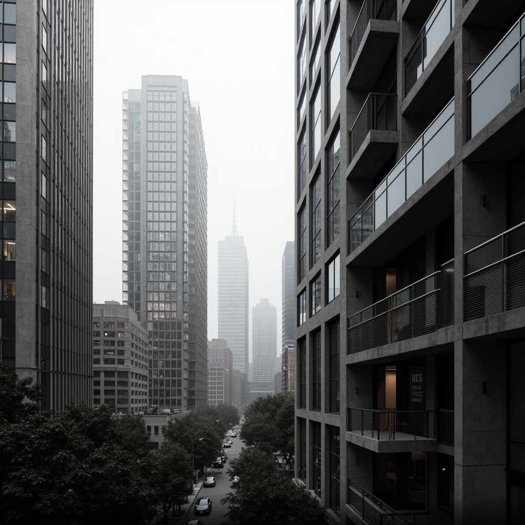 Prompt: Monochromatic skyscrapers, sleek glass facades, metallic accents, minimalist balconies, urban cityscape, foggy morning atmosphere, dramatic backlighting, high-contrast shadows, abstract geometric patterns, bold typography, industrial materials, raw concrete textures, exposed ductwork, functional simplicity, neutral color palette, soft gradient skies, cinematic 3/4 composition, atmospheric perspective, low-key lighting.