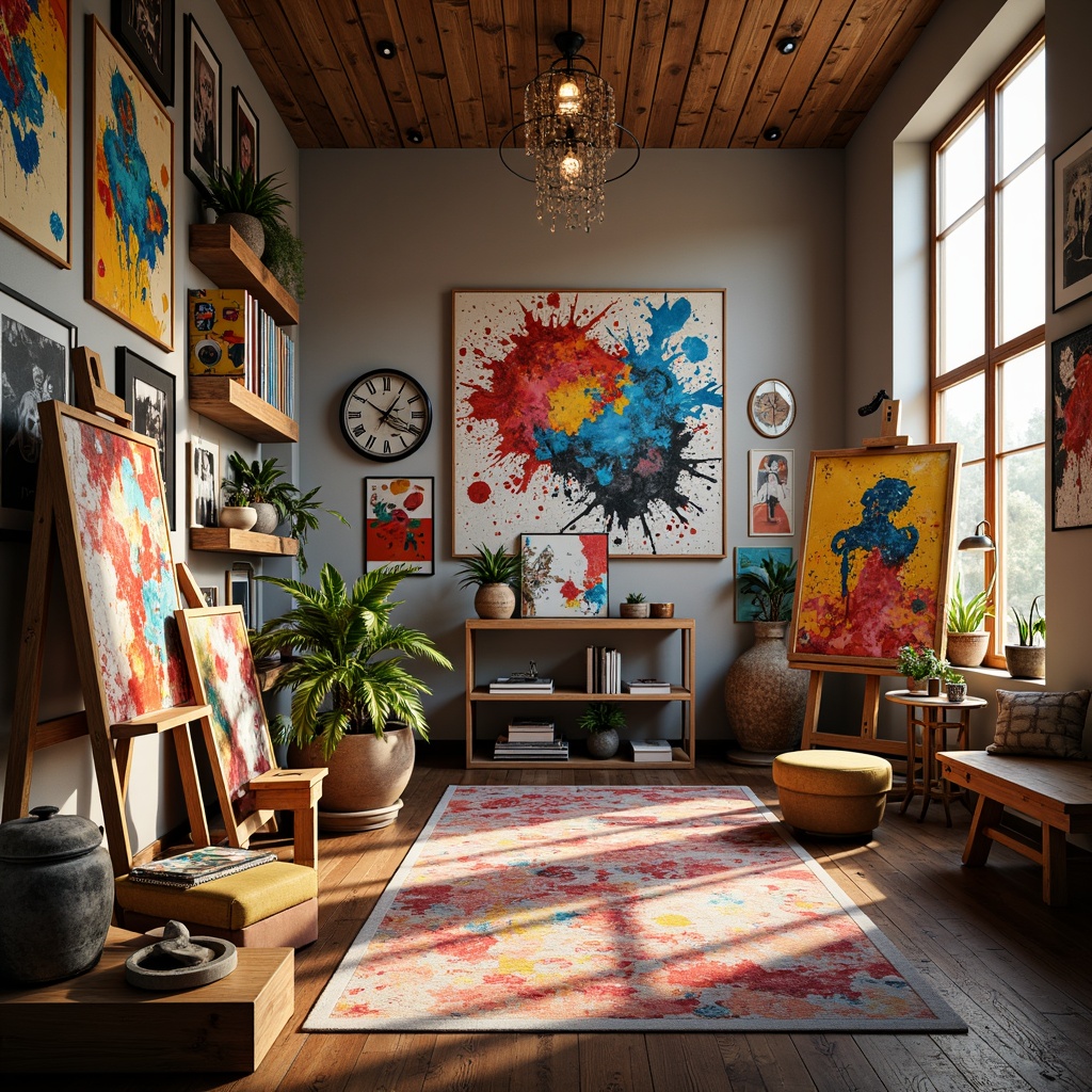 Prompt: Vibrant artistic studio, eclectic color scheme, bold brushstrokes, textured canvases, modern easels, sleek wooden floors, natural light pouring in, inspiring artwork displays, colorful paint splatters, artistic freedom, abstract expressionism, avant-garde style, warm golden lighting, shallow depth of field, 1/1 composition, realistic textures, ambient occlusion.