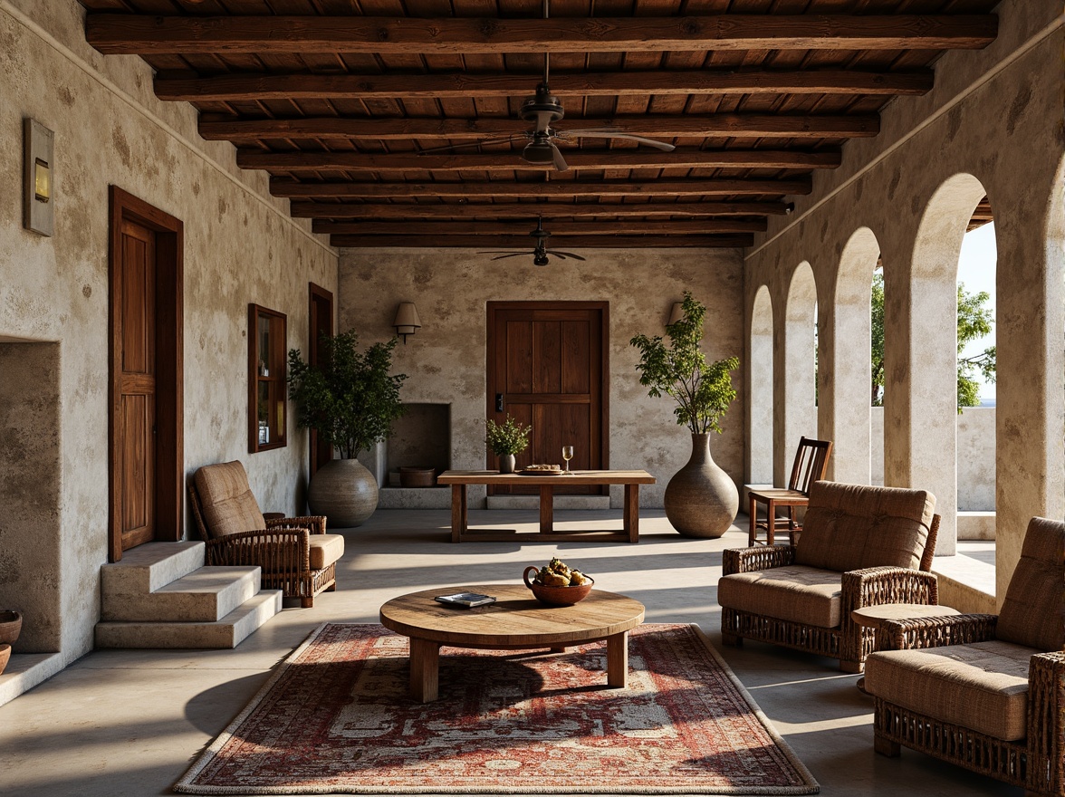 Prompt: Rough stone walls, weathered wooden planks, rusty metal beams, woven wicker furniture, tactile concrete floors, embossed leather upholstery, intricate mosaic patterns, natural fiber rugs, distressed finishes, earthy color palette, warm ambient lighting, shallow depth of field, 1/2 composition, realistic textures, ambient occlusion.