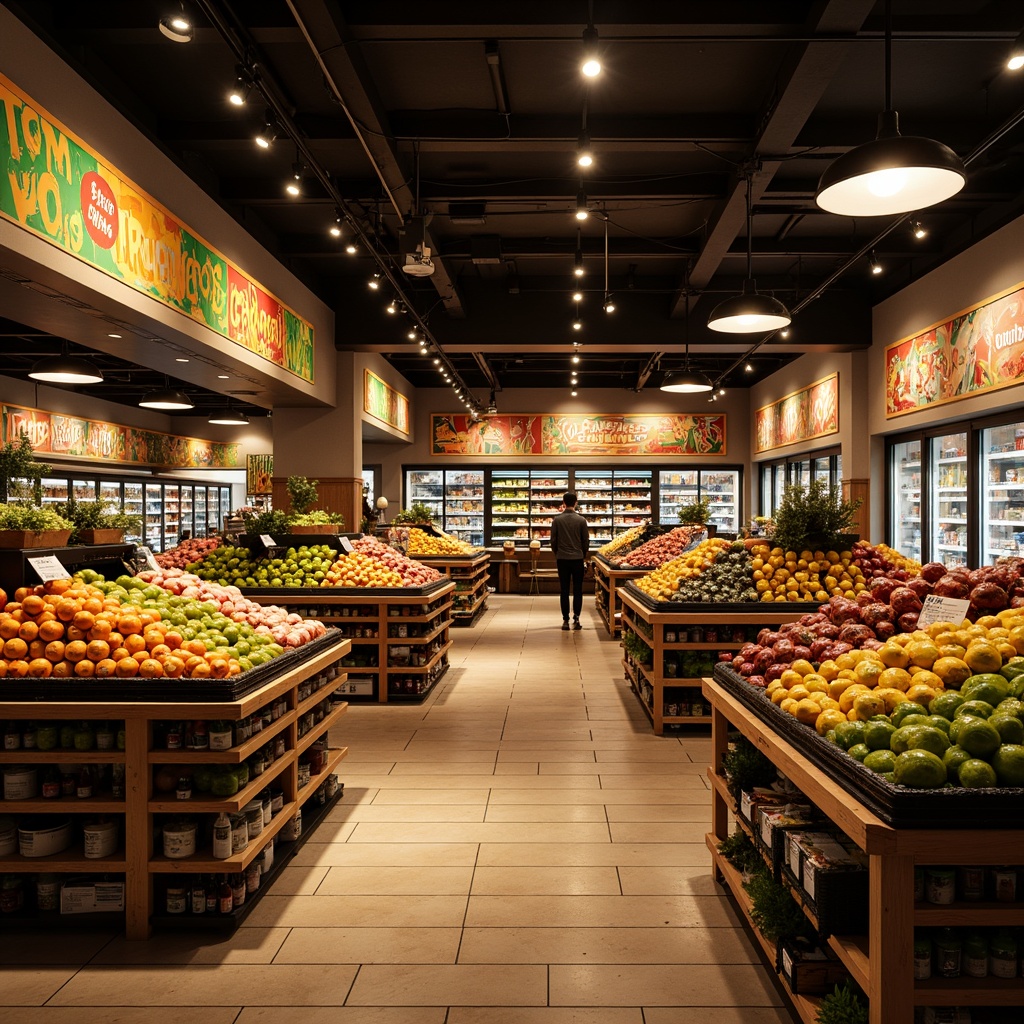 Prompt: Vibrant grocery store interior, warm golden lighting, softbox shadows, dramatic accent lights, colorful product displays, fresh produce stands, rustic wood shelves, metal racks, ceramic tiles, modern refrigeration units, eclectic decorative signs, playful typography, bold brushstroke patterns, cozy atmosphere, 1/2 composition, low-key lighting, subtle depth of field, realistic textures, ambient occlusion.Let me know if this meets your requirements!