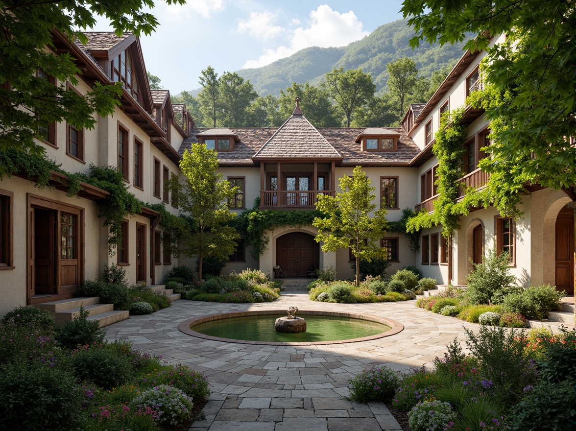 Prompt: Serene monastery courtyard, lush greenery, vibrant flowers, stone pathways, tranquil water features, traditional architectural style, pitched roofs, wooden doors, ornate carvings, rustic stonework, peaceful ambiance, warm soft lighting, shallow depth of field, 1/1 composition, panoramic view, realistic textures, ambient occlusion.