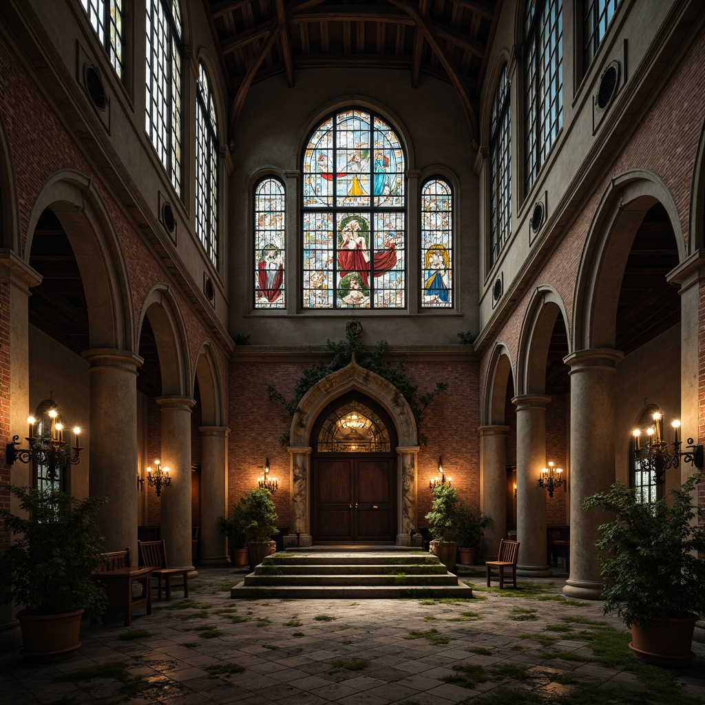 Prompt: Ancient church facade, rustic stone walls, ornate Gothic arches, stained glass windows, grand entrance doors, vaulted ceilings, intricate frescoes, weathered brick exterior, moss-covered stone floors, dimly lit nave, warm candlelight, atmospheric mist, mysterious shadows, 1/2 composition, dramatic low-angle shot, realistic textures, ambient occlusion.