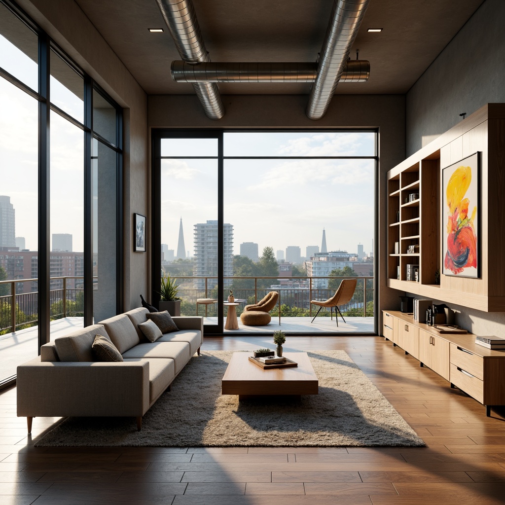 Prompt: Open-plan living space, modern minimalist aesthetic, sleek wooden flooring, floor-to-ceiling windows, sliding glass doors, natural light pouring in, urban cityscape views, industrial chic exposed ductwork, polished metal accents, low-profile furniture, plush area rugs, vibrant abstract artwork, cozy reading nooks, built-in shelving units, hidden LED lighting, soft warm ambiance, shallow depth of field, 3/4 composition, panoramic view, realistic textures, ambient occlusion.