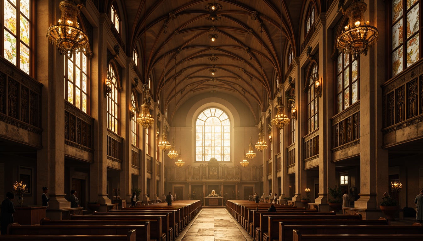 Prompt: Vaulted ceilings, stained glass windows, ornate chandeliers, intricate stone carvings, grandiose architecture, sacred symbols, warm golden lighting, soft diffused glow, dramatic shadows, high contrast ratios, 1/2 composition, symmetrical framing, atmospheric perspective, subtle color grading, realistic textures, ambient occlusion, mystical ambiance, serene atmosphere.