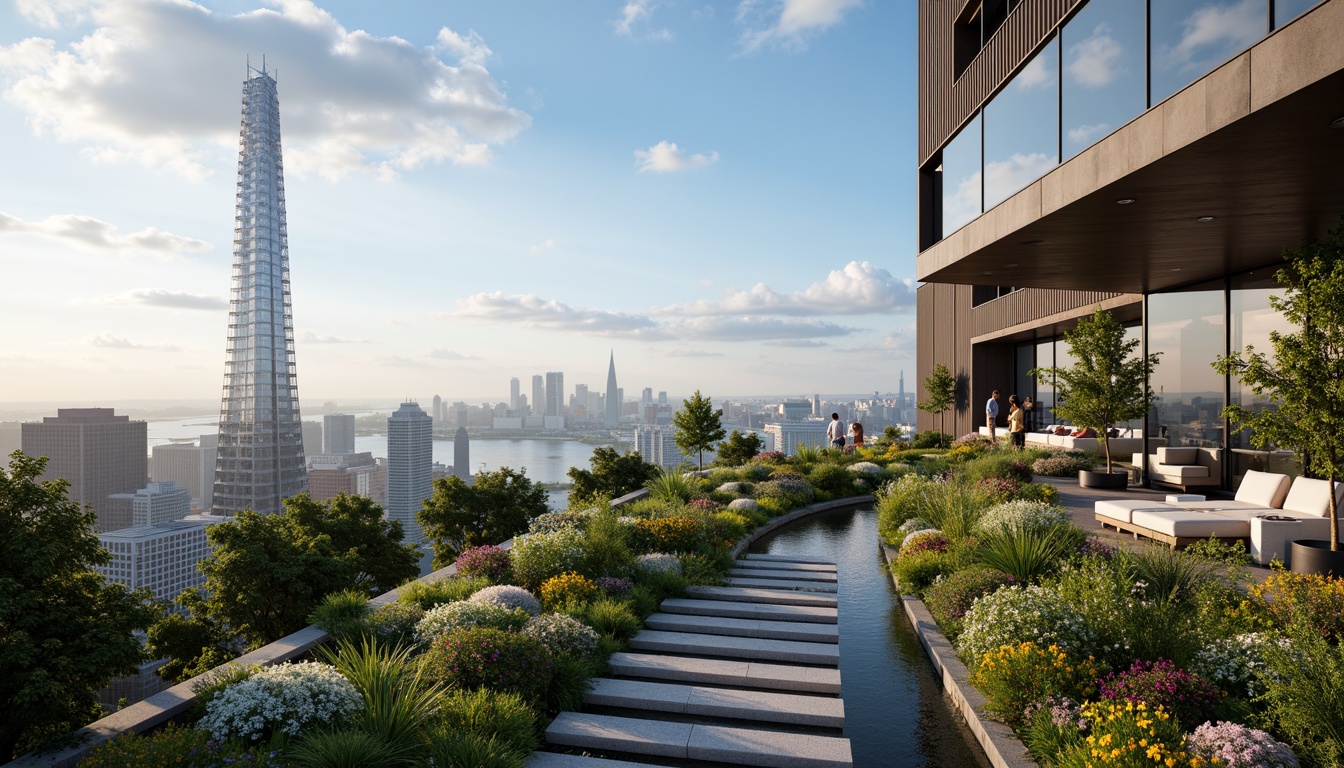 Prompt: Luxurious penthouse, modern skyscraper, breathtaking cityscape views, rooftop garden, lush greenery, vibrant flowers, tranquil water features, natural stone pathways, sleek metal railings, floor-to-ceiling glass windows, sliding doors, panoramic views, minimalist decor, ambient lighting, 1/1 composition, soft focus, realistic textures, subtle atmospheric effects.