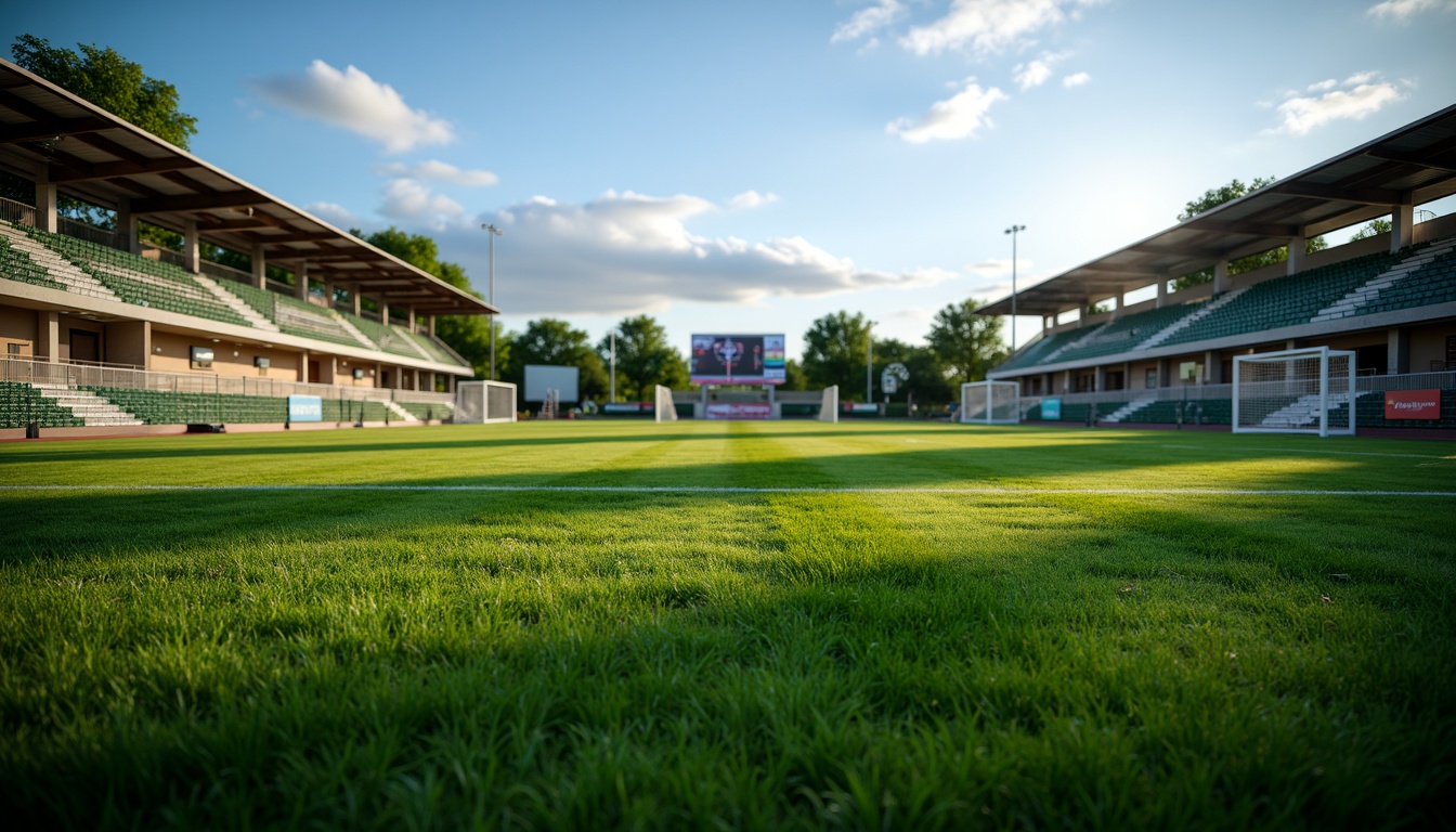 Prompt: Natural grass, lush greenery, athletic tracks, soccer goals, tennis courts, basketball hoops, volleyball nets, baseball diamonds, softball fields, rugby pitches, cricket grounds, artificial turf, rubber shock pads, polyurethane coatings, athletic markings, scoreboards, stadium seating, floodlighting, evening games, dramatic shadows, 3/4 composition, low-angle shots, realistic textures.