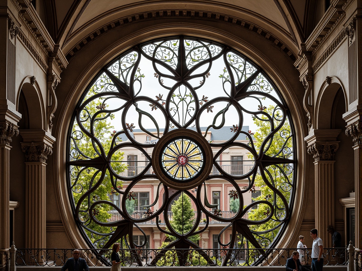 Prompt: Intricate ironwork, flowing organic lines, sinuous curves, ornate details, botanical motifs, stained glass windows, asymmetrical facades, turrets, domes, arches, columns, ornamental capitals, decorative friezes, scrolling acanthus leaves, tendrils, vines, flowers, beads, and ornate plasterwork.