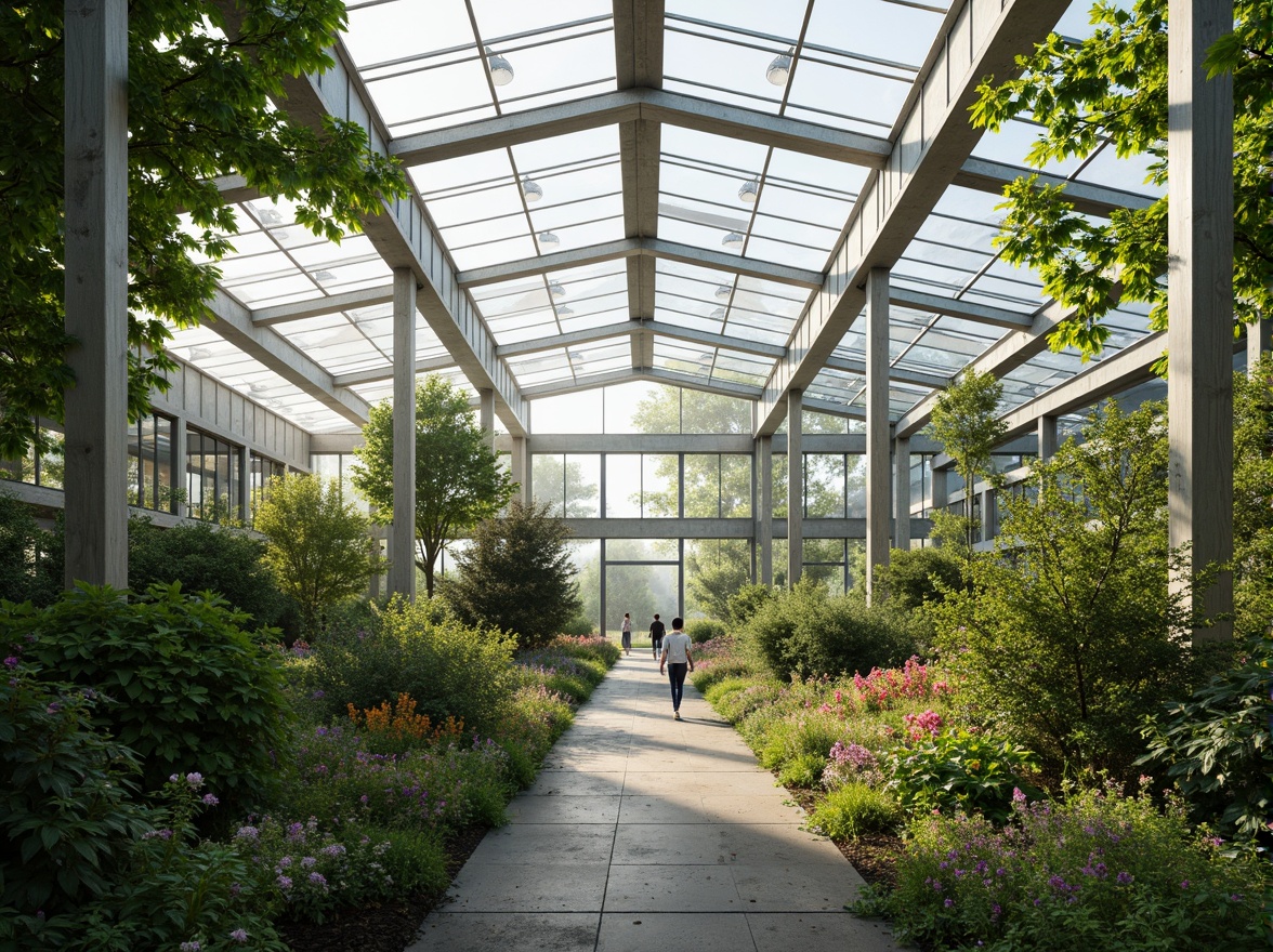 Prompt: Lush greenery, vibrant flowers, abundant natural light, glass roofs, transparent walls, modern greenhouse architecture, steel frames, minimal shading devices, clerestory windows, skylights, solar tubes, reflective interior surfaces, diffused lighting, soft warm ambiance, misty atmosphere, morning dew, 1/1 composition, realistic textures, ambient occlusion.