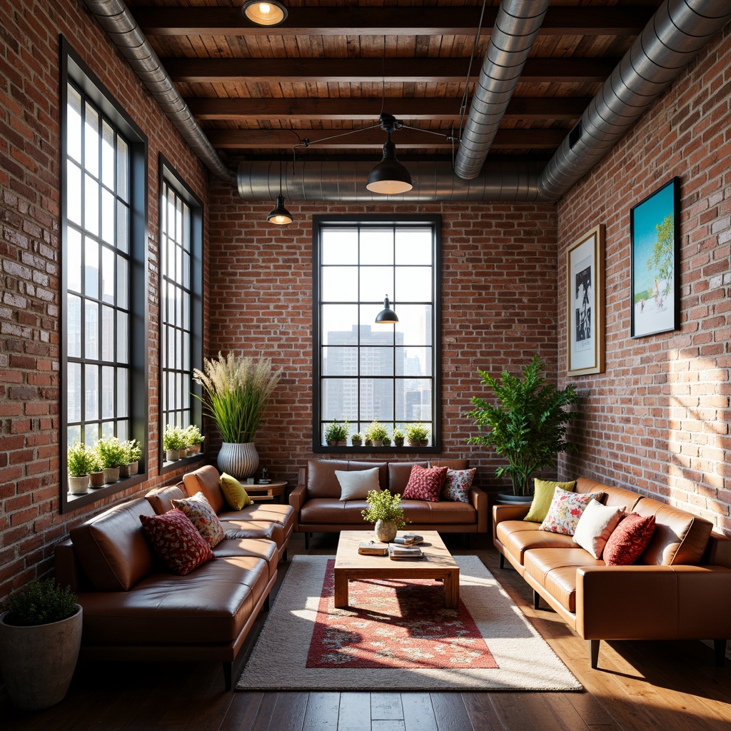 Prompt: Industrial-chic loft interior, exposed brick walls, metal beams, wooden floors, eclectic color accents, vibrant artwork, cozy reading nooks, plush throw pillows, distressed leather sofas, reclaimed wood coffee tables, modern pendant lighting, urban city views, natural daylight pouring in, warm afternoon ambiance, soft focus, 1/1 composition, shallow depth of field.