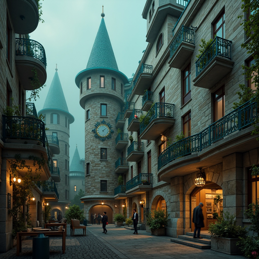 Prompt: Whimsical Watchtower, intricate stone carvings, twisted iron railings, grandiose clock faces, vibrant turquoise accents, ornate Gothic spires, mystical astronomical symbols, dreamy misty atmosphere, warm golden lighting, dramatic shadows, cinematic composition, asymmetrical architecture, expressive curved lines, romantic medieval-inspired textures, eerie mysterious ambiance, fantastical celestial elements.