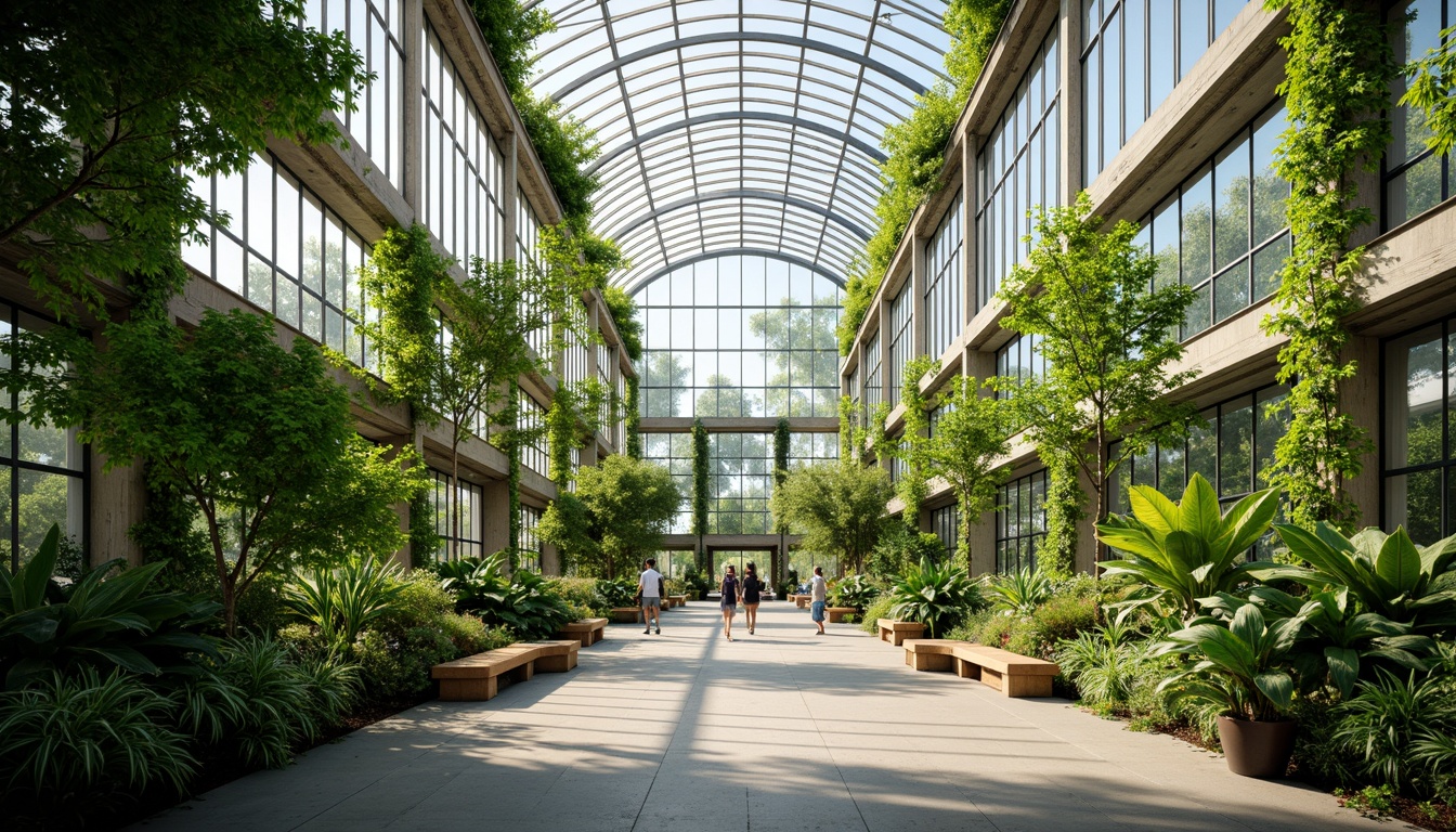 Prompt: Vibrant greenhouse interior, abundant natural light, lush greenery, tropical plants, curved glass roof, steel frames, wooden benches, educational signs, misting systems, automatic ventilation, climate control, modern architecture, large windows, sliding glass doors, sunny day, soft warm lighting, shallow depth of field, 3/4 composition, panoramic view, realistic textures, ambient occlusion.