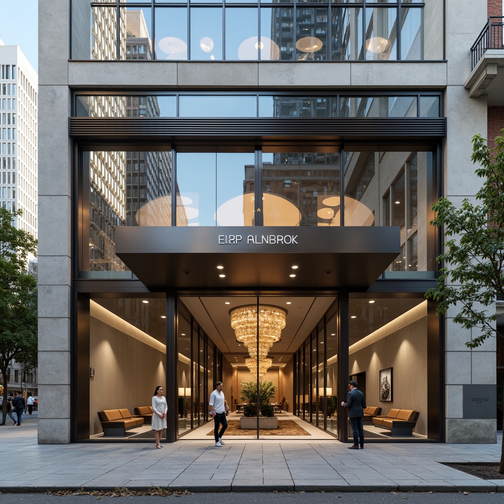 Prompt: Contemporary bank building, sleek glass facade, subtle stone cladding, metallic accents, grand entrance canopy, minimalist signage, ornate bronze doors, high-ceiling lobby, polished marble floors, modern chandelier lighting, open-plan interior, natural wood tones, sophisticated color scheme, urban cityscape, busy street scene, morning sunlight, soft warm glow, shallow depth of field, 1/2 composition, realistic reflections, ambient occlusion.