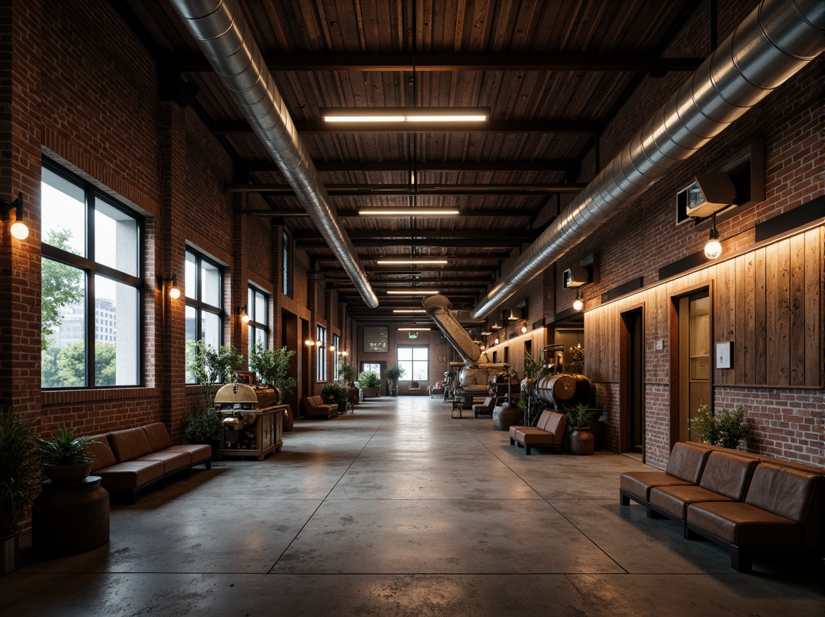 Prompt: Rustic industrial landscape, abandoned factories, distressed brick walls, metallic structures, reclaimed wood accents, exposed ductwork, raw concrete floors, Edison bulb lighting, vintage machinery, worn leather textures, aged copper details, brutalist architecture, functional minimalism, neutral color palette, dramatic shadows, low-key lighting, 1/1 composition, cinematic atmosphere, gritty realistic render.