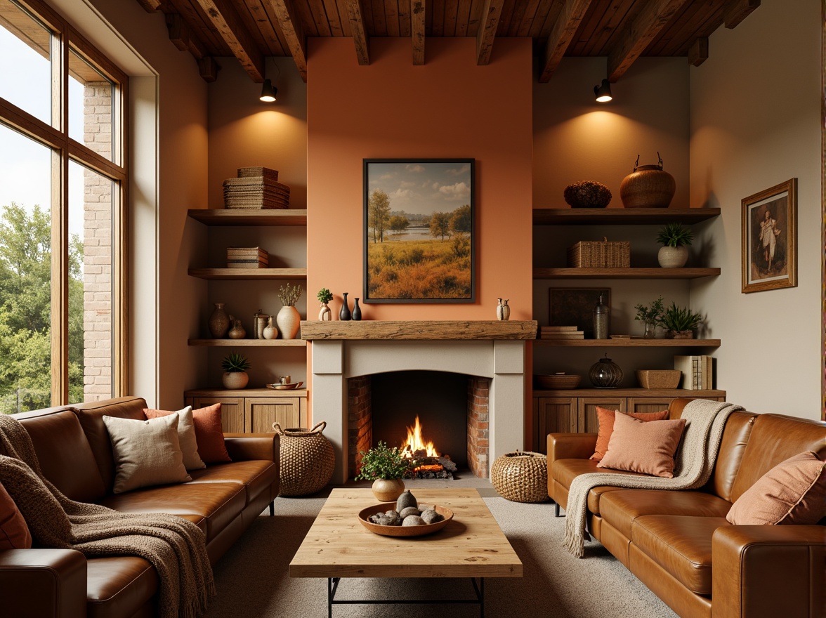 Prompt: Warm ochre hues, earthy tones, rustic textures, natural materials, wooden accents, cozy atmosphere, inviting ambiance, soft warm lighting, shallow depth of field, 3/4 composition, panoramic view, realistic renders, ambient occlusion, modern interior design, residential spaces, living rooms, fireplaces, comfortable furnishings, plush throw blankets, woven baskets, vintage decorative items, warm beige walls, rich brown leather sofas, golden metal frames, earthy ceramic vases.