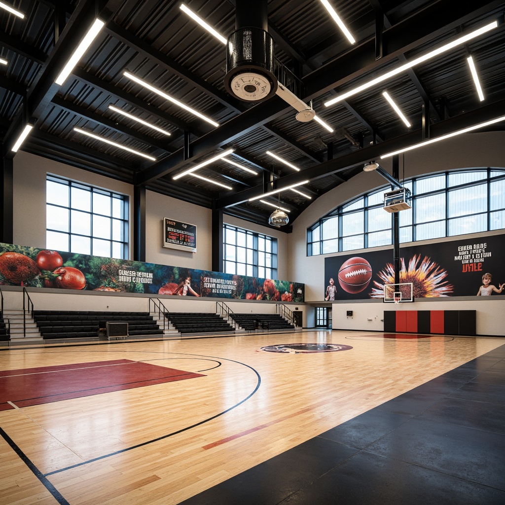 Prompt: Modern gymnasium interior, polished wood flooring, sports-themed murals, motivational quotes, industrial metal beams, exposed ductwork, LED lighting strips, dynamic color schemes, rubberized athletic surfaces, stadium-style seating, sleek metallic railings, minimalist decor, natural stone accent walls, acoustic ceiling panels, sound-absorbing materials, floor-to-ceiling windows, abundant natural light, high-contrast color palette, shallow depth of field, 1/1 composition, realistic textures, ambient occlusion.