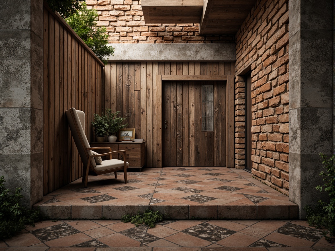 Prompt: Rugged stone walls, distressed wooden planks, weathered metallic sheets, rough-hewn brick facades, organic earthy tones, natural rock formations, intricate tile mosaics, 3D geometric patterns, ambient occlusion, soft warm lighting, shallow depth of field, realistic textures, cinematic composition, atmospheric perspective.