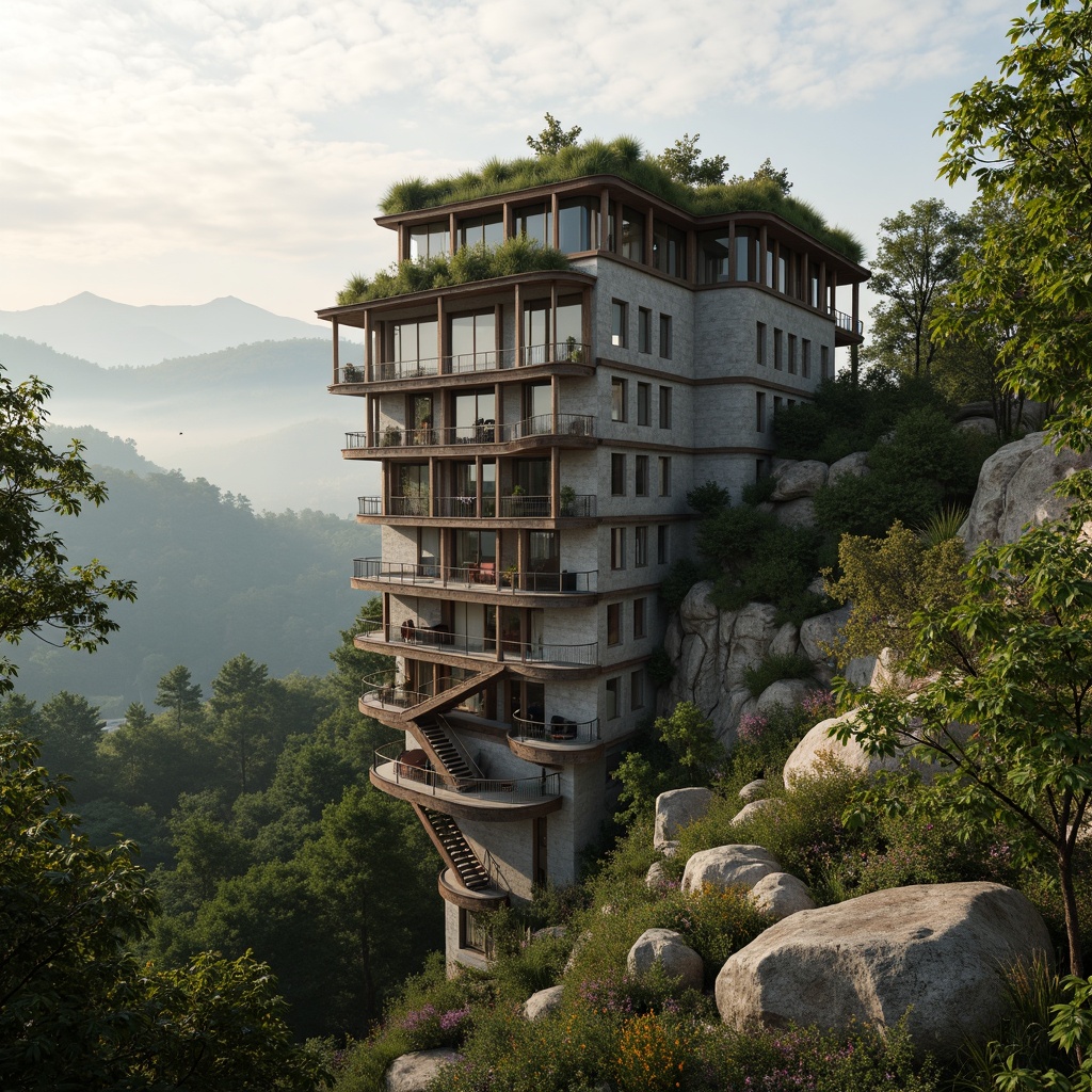 Prompt: Watching tower, rustic stone walls, wooden accents, lush green roofs, blooming wildflowers, serene forest surroundings, misty morning atmosphere, soft warm lighting, shallow depth of field, 3/4 composition, panoramic view, realistic textures, ambient occlusion, integrated seating areas, winding staircases, nature-inspired color palette, earthy tones, organic forms, cantilevered structures, minimal ornamentation, functional simplicity.