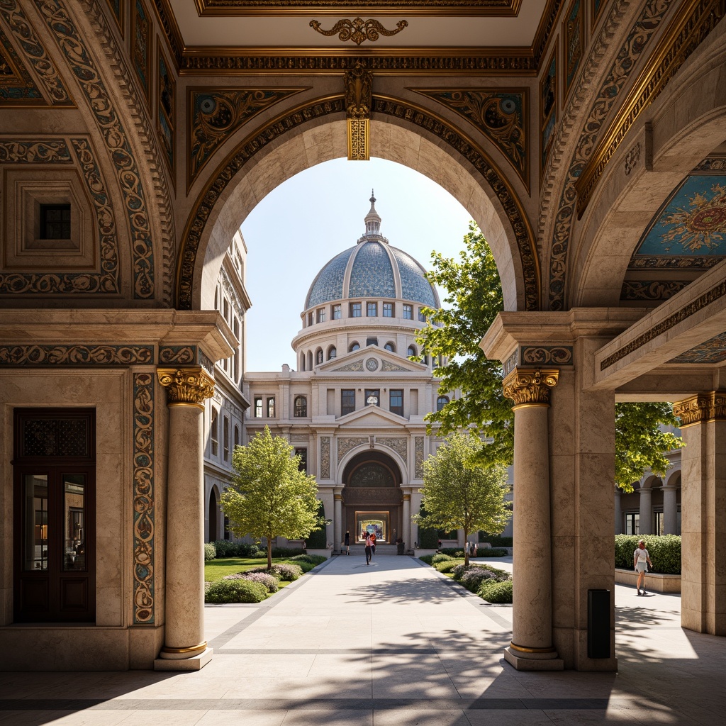 Prompt: Intricate stone carvings, ornate arches, grand domes, vibrant mosaic patterns, richly textured marble surfaces, golden accents, ornamental columns, imposing entranceways, symmetrical facades, grandiose scale, dramatic lighting, warm afternoon sun, shallow depth of field, 2/3 composition, realistic textures, ambient occlusion.