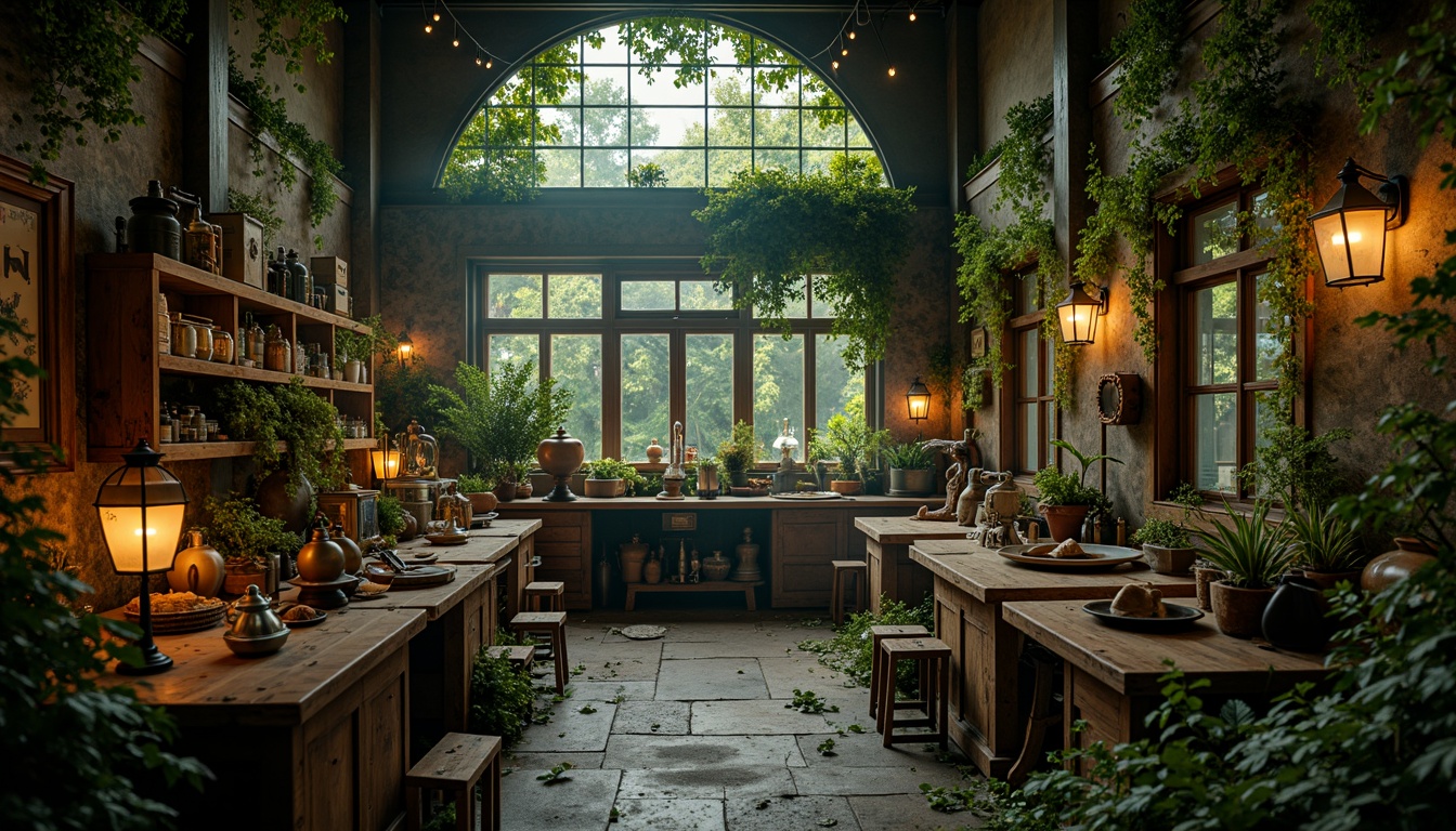 Prompt: Mystical laboratory, lush green walls, vines crawling, twinkling string lights, rustic wooden accents, distressed metal equipment, whimsical scientific instruments, romantic candlelit corners, soft focus, warm golden lighting, shallow depth of field, 1/2 composition, intimate atmosphere, dreamy fog effects, eerie ambient sounds, abandoned industrial machinery, overgrown botanical gardens, crumbling stone pathways, moss-covered statues, forgotten antique furniture, vintage scientific artifacts.