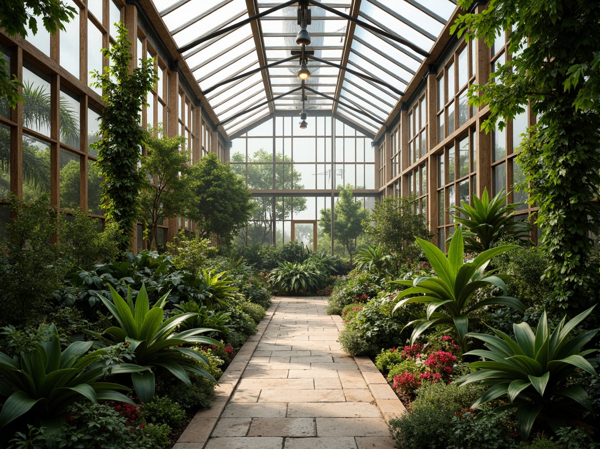 Prompt: Vibrant greenhouse interior, lush greenery, tropical plants, natural stone flooring, wooden trellises, rustic metal frames, large skylights, clerestory windows, solar tubes, diffused soft lighting, warm ambiance, misty atmosphere, 1/1 composition, shallow depth of field, realistic textures, ambient occlusion.